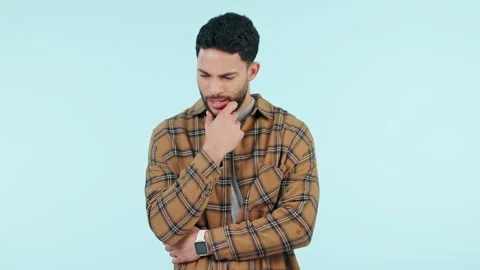 Man, thinking and doubt in planning a decision, choice or problem solving for a Stock Footage 250204151