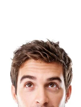 Man, thinking and eyes in studio with solution on space for decision or option o Fotos Stock