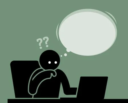 Man thinking and feeling confused viewing computer screen. Illustrazione stock