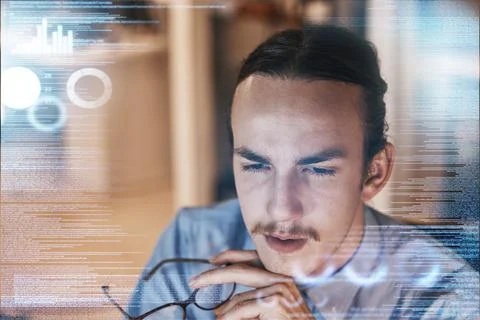 Man, thinking and idea for digital marketing, advertising or corporate data and Foto stock