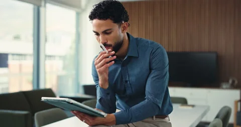 Man, thinking and idea in office with tablet pen for graphic design, marketing Stock Footage 326495996
