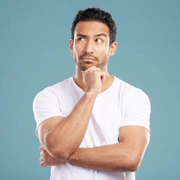 Man, thinking and idea in studio for decision, planning and problem solving on 스톡 사진