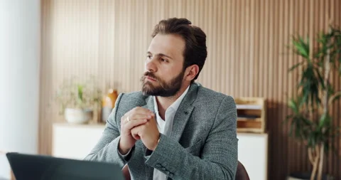Man, thinking and laptop in office with decision contemplation, vision and brand Stock Footage 329348311