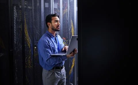 Man, thinking and laptop for server room inspection, data center solution and Stock Photos