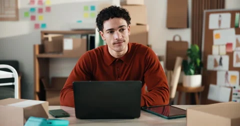 Man, thinking and logistics with laptop in small business, ecommerce and Stock Footage 346211455