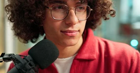 Man, thinking and mic in studio for broadcast update, podcast recording and Stock Photos