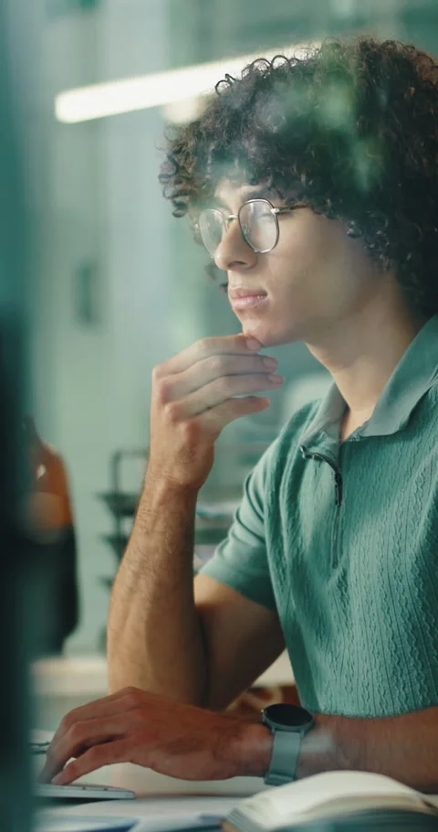 Man, thinking and programming with computer in office, online and planning for Stock Footage 336773870