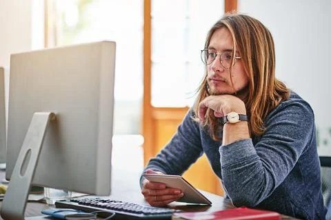 Man, thinking and reading in office with computer, tablet or check AI softw.. 스톡 사진