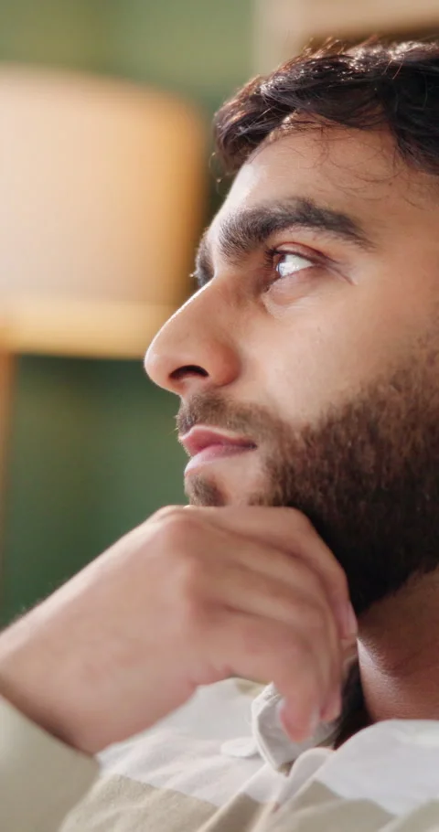 Man, thinking and regret with doubt in home for past moment, mistake or mental Stock Footage 337222349