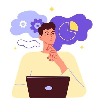 Man is thinking and sitting at the table with laptop Stock Illustration