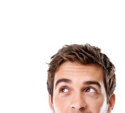 Man, thinking and studio with decision on space for option, list or solution on  Fotos Stock