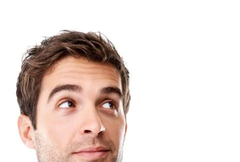Man, thinking and studio with idea on space for decision, option or list on a wh Stock Photos