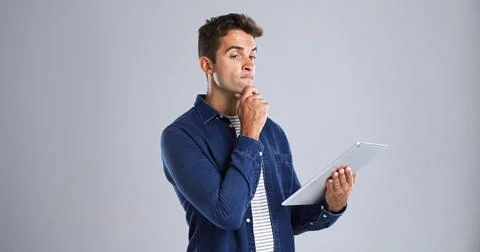 Man, thinking and tablet for connection solution, IT problem solving and ideas Stock Photos
