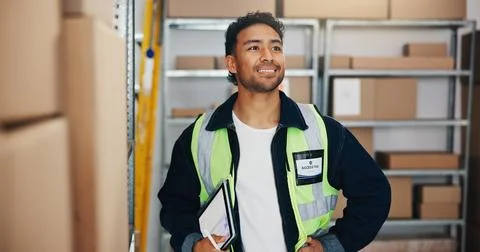 Man, thinking and tablet in warehouse for logistics, quality control or smi.. Stockfoto's