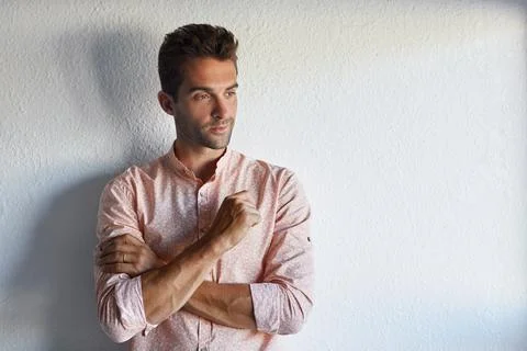 Man, thinking and vision by wall for work, contemplating idea and inspirati.. Stock Photos