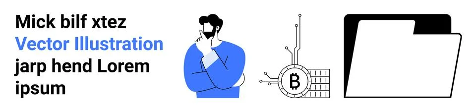 Man Thinking, Bitcoin Blockchain, Document Folder - Conceptual Illustration Stock Illustration