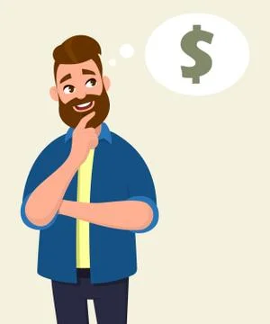 Man thinking for dollar icon or symbol with smile. Money concept in thought. Illustrazione stock