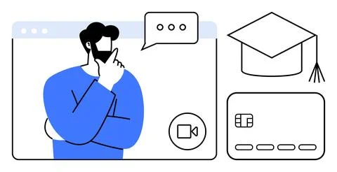 Man thinking during a video call, accompanied by a graduation cap and a credi Stock Illustration