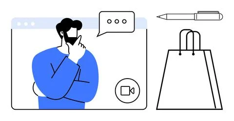 Man thinking during video call with speech bubble, pen, and shopping bag. Ide Stock Illustration