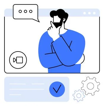 Man Thinking During a Video Call with Speech Bubble, Checklist, and Gears Illustrazione stock