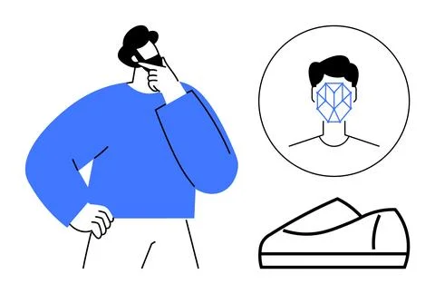 Man Thinking with Face Recognition and Shoe Product Design Elements Stock Illustration