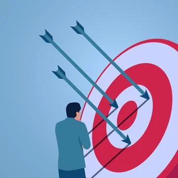 A man thinking in front of an arrow that misses the target, an illustration.. Stock Illustration