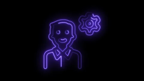Man thinking with gear icon in neon glow style for problem solving concept Stock Footage 314535704