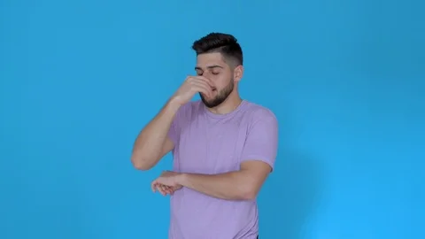 Man thinking having creative idea pointing finger up on blue background Stock Footage 123947831