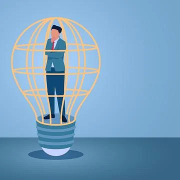 A man thinking inside an idea lamp prison, an illustration for a fixed mindse Stock Illustration