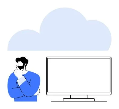 Man Thinking with Large Cloud Above and Empty Monitor Suggests Cloud Comput.. Illustrazione stock