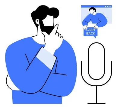 Man Thinking with Large Microphone and Cashback Concept in Browser Illustrazione stock