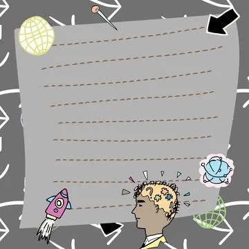 Man Thinking New Creative Ideas Presented On Note. Boy Reasoning Important Illustrazione stock