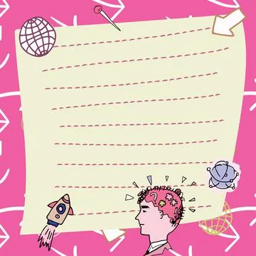 Man Thinking New Creative Ideas Presented On Note. Boy Reasoning Important Stock Illustration