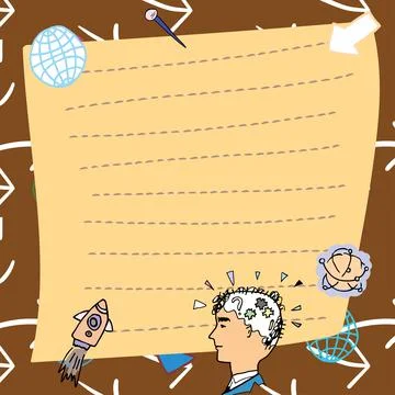 Man Thinking New Creative Ideas Presented On Note. Boy Reasoning Important Stock Illustration