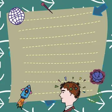 Man Thinking New Creative Ideas Presented On Note. Boy Reasoning Important Illustrazione stock