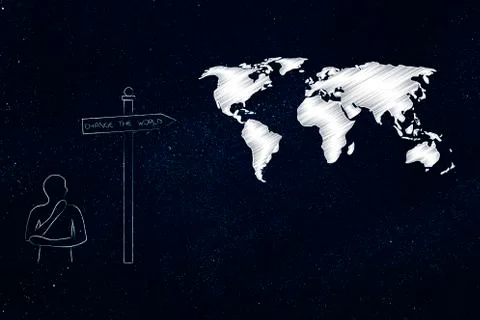 Man thinking next to world map and road sign with text Change the world Stock Illustration