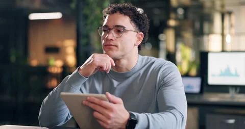 Man, thinking or analyst with tablet in office for company statistics Stock Footage 342780327