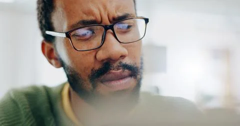 Man, thinking or confused at work laptop or idea, thoughts problem solving Stock Photos