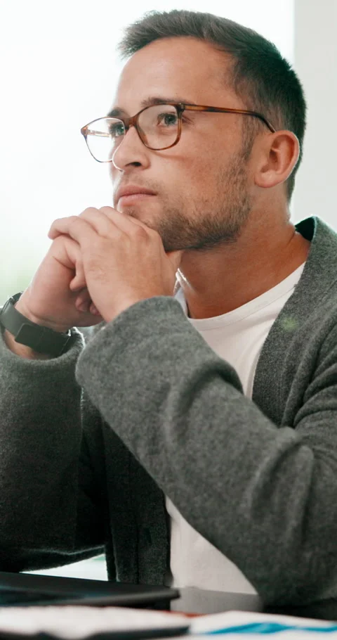 Man, thinking or remote work in house with laptop, glasses and risk assessment Stock Footage 341401050