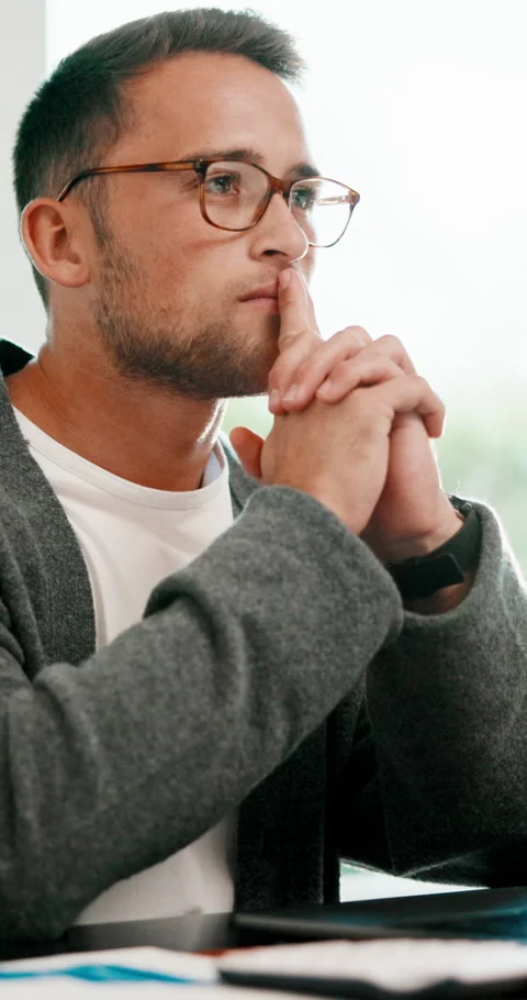 Man, thinking or remote work in home with laptop, glasses or brainstorming for Stock Footage 341432403