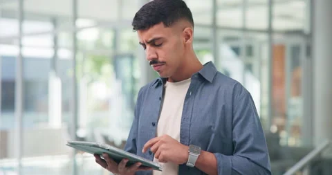 Man, thinking or research in office with tablet, problem solving or plan for Stock Footage 329406555