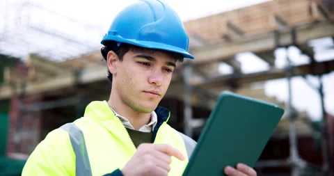 Man, thinking or scroll on construction site with tablet, quantity surveyor and Stock Footage 337034283
