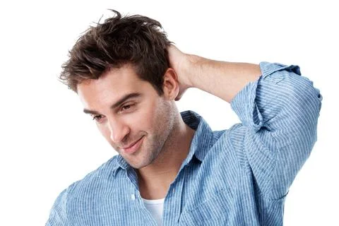 Man, thinking or studio with idea for nostalgia, memory or past moment on a whit Stock Photos