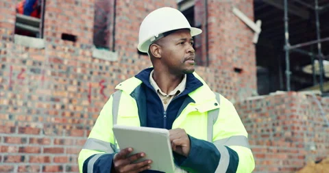 Man, thinking or tablet on construction site for checklist, building project or Stock Footage 336794350