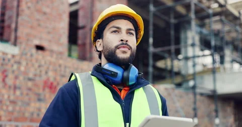 Man, thinking or tablet on construction site for planning, building project or Stock Footage 336796098