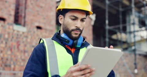 Man, thinking or tablet on construction site with checklist, building project or Stock Footage 336804264
