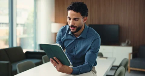 Man, thinking or writing in office with tablet for web design plan, project Stock Footage 326393317