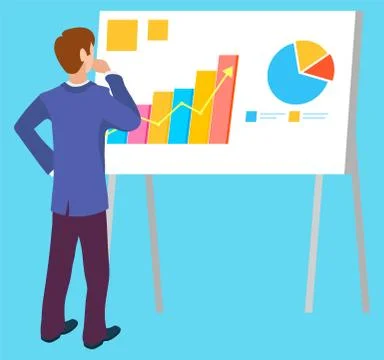 Man Thinking on Presentation and Stats Business Illustrazione stock