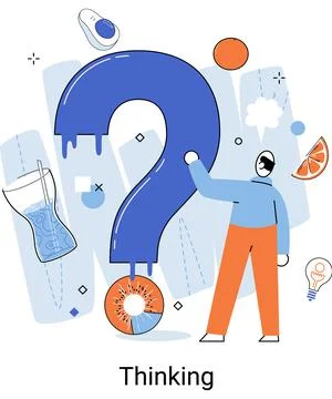 Man thinking with question mark and fruits icons, looking for an answer to Illustrazione stock