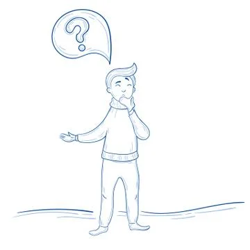 Man is thinking. Question mark thought. Hand drawn Stock Illustration